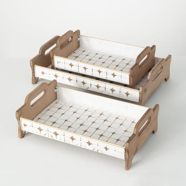 SULLIVANS 18.5", 16", and 13.5" Gold and White Starburst Etched Tray (Set of 3)