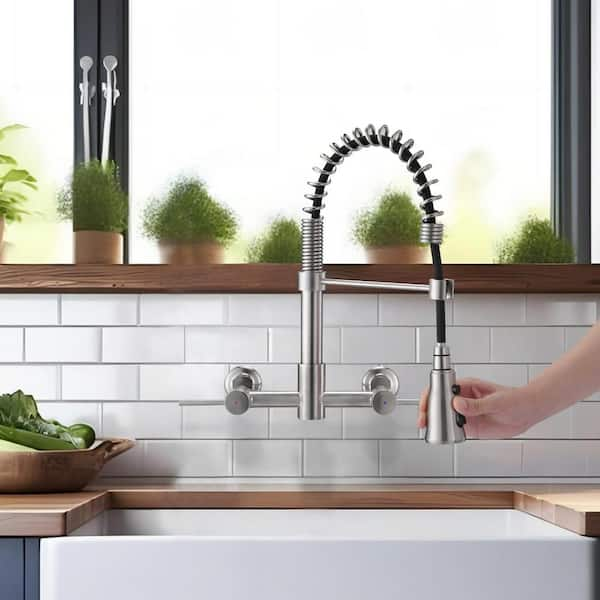 Double Handle Wall Mounted Bridge Kitchen Faucet with 3 Function Pull Down Sprayer Head in Brushed Nickel