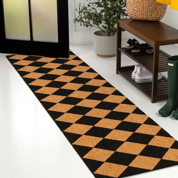 Peater Classic Casual Commerical Natural Coir Natural/Black Geo 2 ft. 2 in. x 8 ft. Indoor/Outdoor Runner Rug