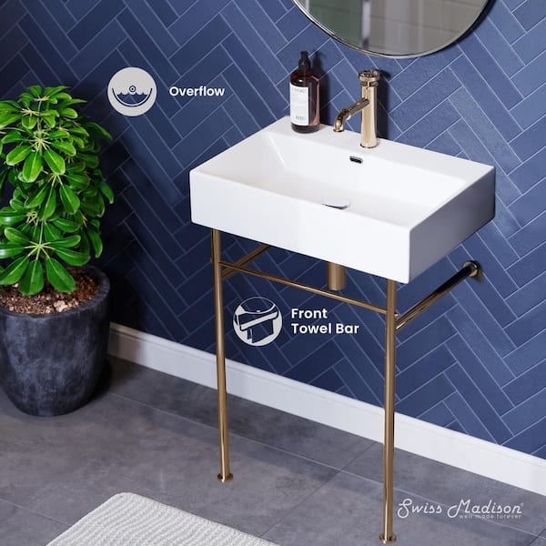 Claire 24 in. Ceramic Console Sink in White Basin Gold Legs