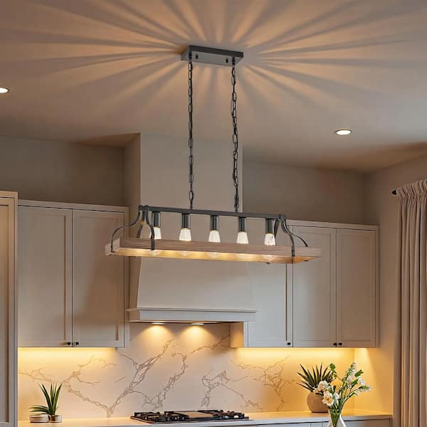 34 in. 5-Light Cage Walnut Rustic Linear Chandelier for Kitchen Island with No Bulbs Included