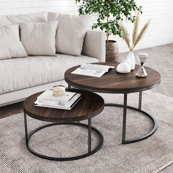 Nathan James Stella 32 in. 2-Piece Nutmeg/Black Round Particle Board Top Coffee Table Set with Nesting Tables