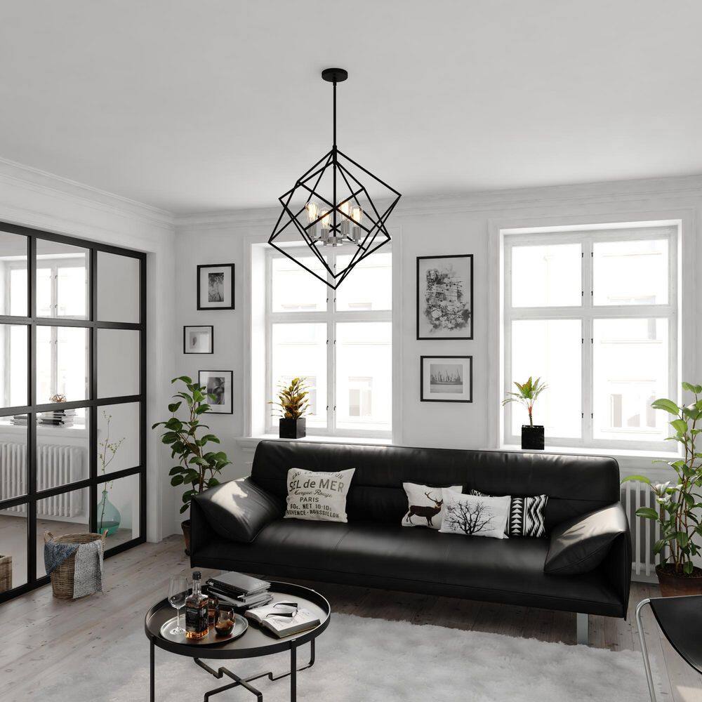 Contemporary 23.5" Satin Nickel & Black Geometric Pendant Light