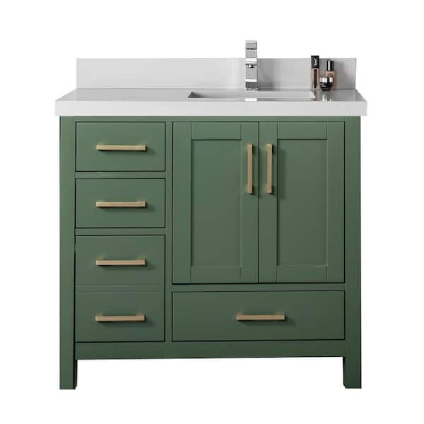 Willow Collections Malibu 36 in. W x 22 in. D x 36 in. H Right Offset Sink Bath Vanity in Lafayette Green with 2 in. Carrara Quartz Top