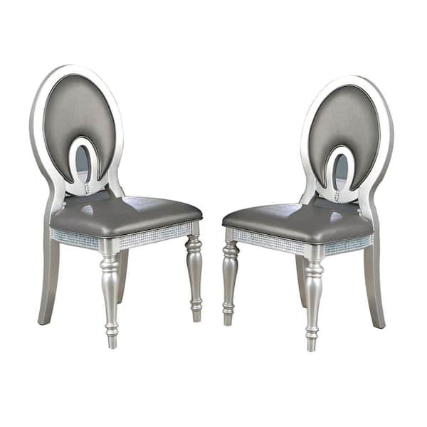 Benjara Silver Vegan Faux Leather Wooden Frame Dining Side Chair (set of 2)