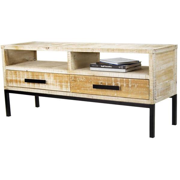 HomeRoots Shelly 14 in. Distressed Wood TV Stand with 2 Drawer Fits TVs Up to 42 in. with Cable Management