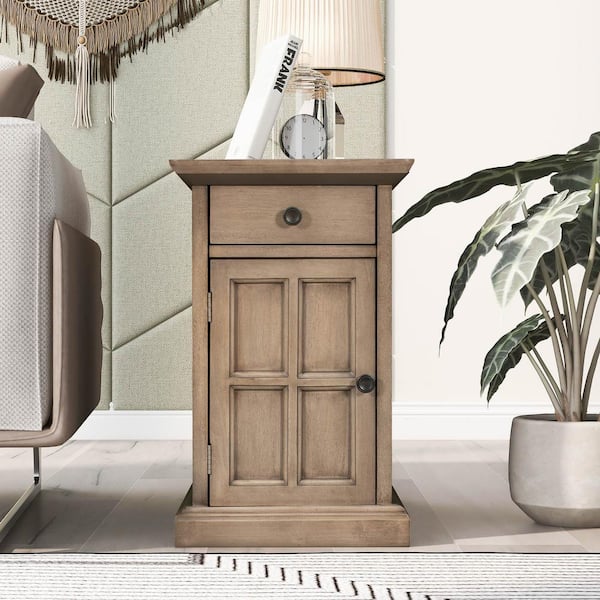 Unbranded 24 in. Brown Rectangle Wood End Table with USB Ports and 1-Drawer w/Cup Holders Sofa Side Table Nightstand Narrow Table