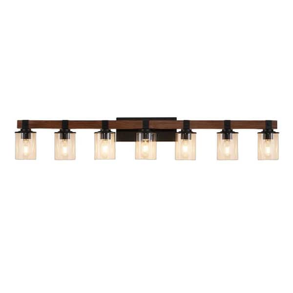 50 in. 7-Light Black and Walnut Bathroom Vanity Light with with Clear Glass Shades (No Bulbs)
