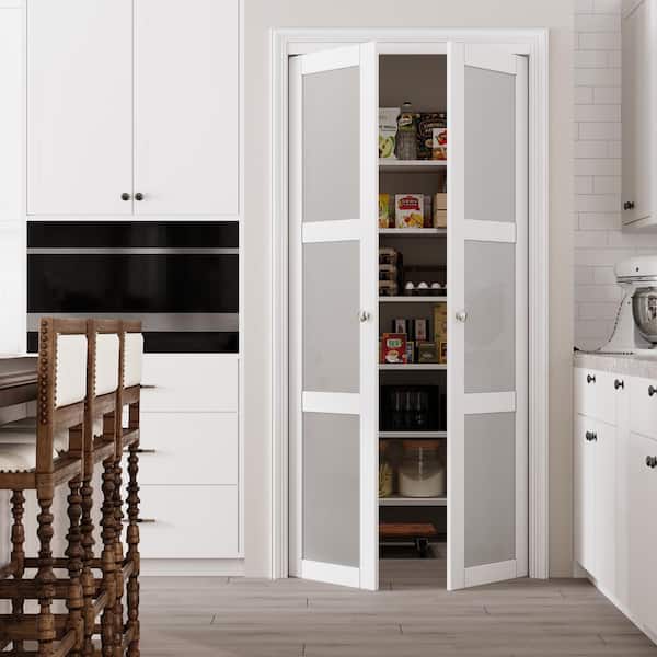 ARK DESIGN 30 in. x 80 in. Frosted Glass Solid Core MDF Bi-fold Door Plus French Style Pivot Hardware (3-Lite White Finish)