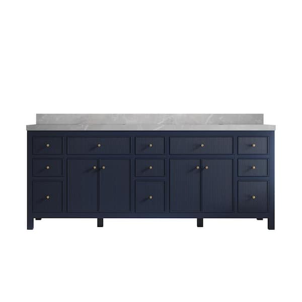 Willow Collections Sonoma 84 in. Double Sink Freestanding Navy Blue Bath Vanity with Pearl Gray Qt. Top Unassembled