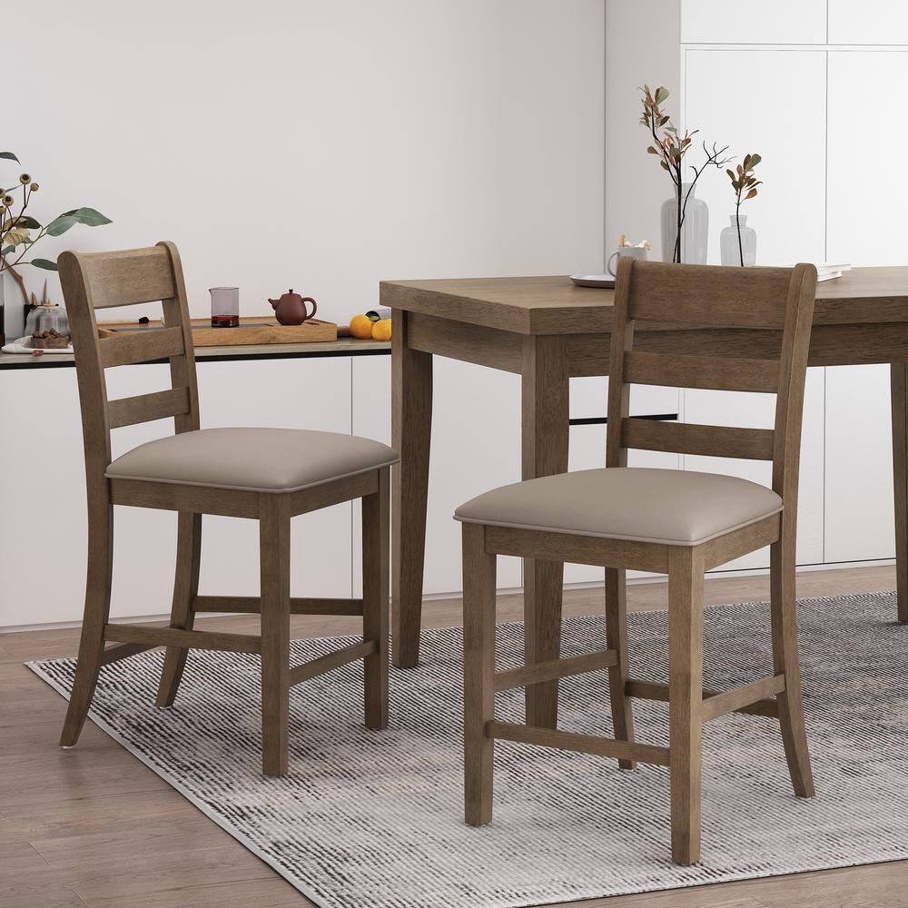 Antique Brown Wood Extra Tall Upholstered Counter Stools, Set of 2