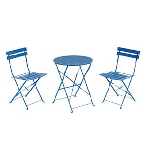 Navy Blue Folding 3-Piece Metal Outdoor Bistro Set for Patio and Yard