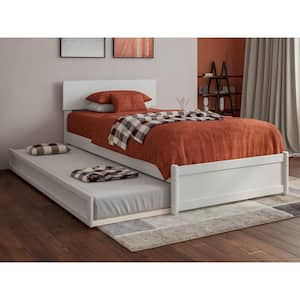 Wesley White Solid Wood Frame Twin XL Platform Bed with Panel Footboard and Twin XL Trundle
