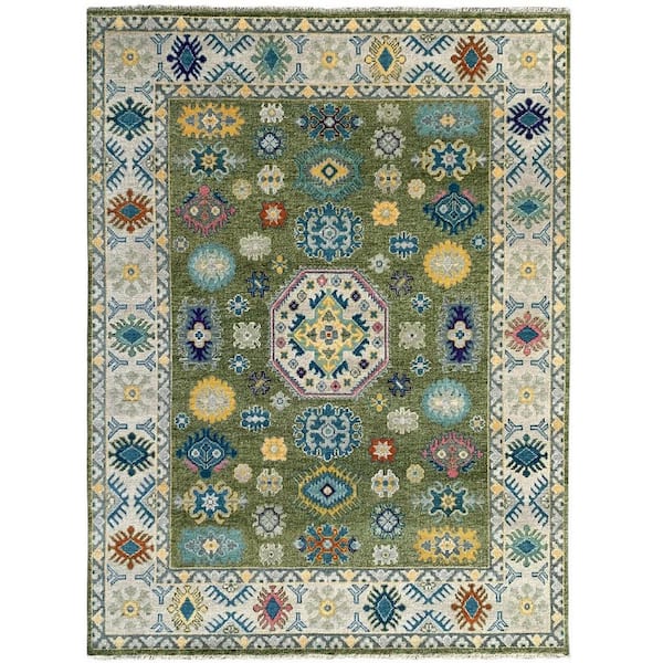 EORC LT.Green / Beige 8 ft. x 10 ft. Hand Knotted Wool Traditional Kazak Area Rug
