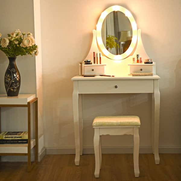 Gymax 3 Drawers Bedroom Vanity Makeup, Led Mirror Makeup Vanity