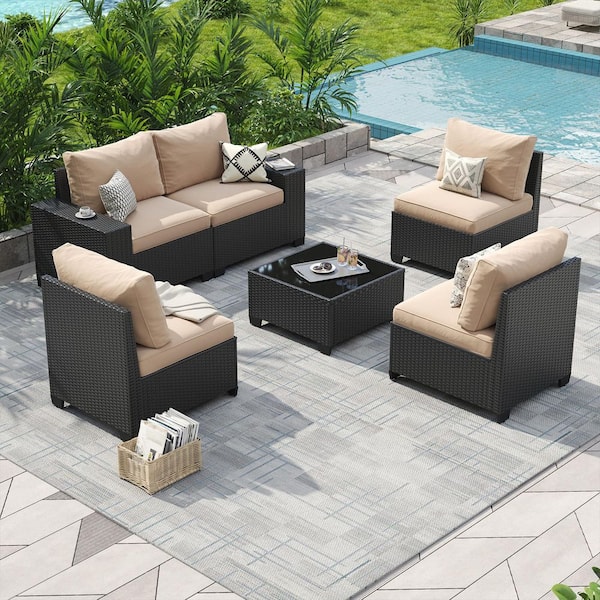 Black 6-Pieces Rattan Wicker Steel Patio Outdoor Sectional Set with Beige Cushions, Coffee Table and Cover