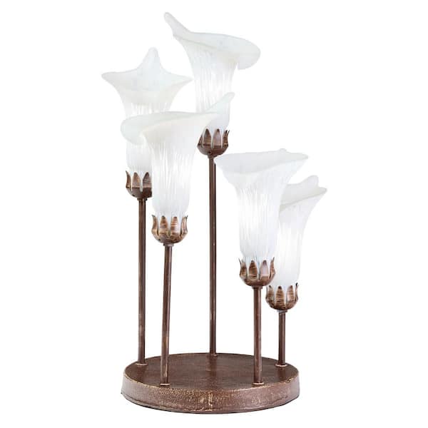 5-light Calla Lilly 19.5 in. Bronze Finish Candlestick Table Lamp with White Hand-Blown Glass Shades