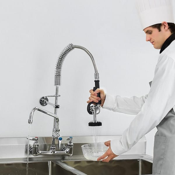 Wall-Mounted Kitchen Faucet, 25 in. Tall, 8 in. Center Distance, 12 in. Rotatable Spout, Includes Pre-Rinse Spray