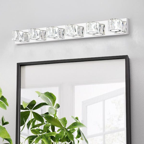 ARISKEEN 41 in. Crystal 6-Light LED Wall Sconce-Elegant Chrome Bathroom Vanity Light with Clear Crystal Shades for Bathroom