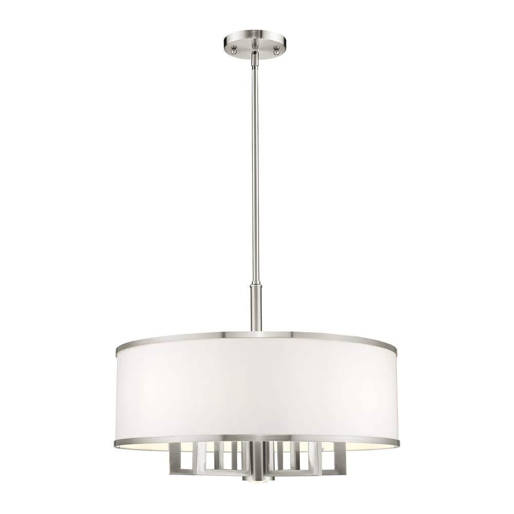 Brushed Nickel 6-Light Drum Chandelier with Off-White Fabric Shade