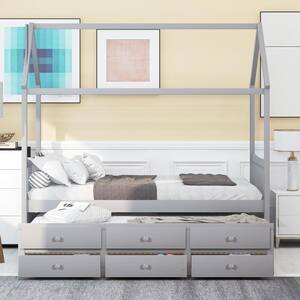 Gray House Bed with Trundle and 3-Storage Drawers Twin Captain's Beds All in 1-Wood Storage Daybed