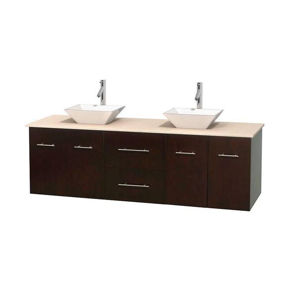 Wyndham Collection Centra 72 in. Double Vanity in Espresso with Marble Vanity Top in Ivory and Porcelain Sinks
