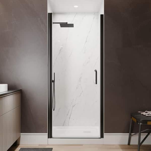 Victoria 32 to 34 in. W x 72 in. H Pivot Swing Frameless Shower Door in Matte Black with Clear Glass