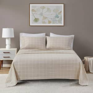 Oversized Cotton Flannel 4-Piece Beige Windowpane Queen Sheet Set