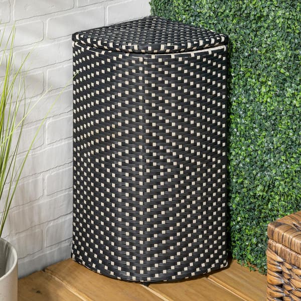 Chloe 15.56 Gal. All-Weather Wicker/Metal Corner Lid Hideaway Outdoor Trash Can, Dark Navy/White