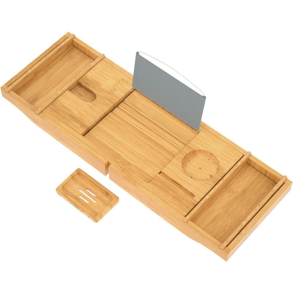 Dracelo Beige Bathtub Caddy Tray for Luxury Bath, Expandable Bathroom Organizer with Wine and