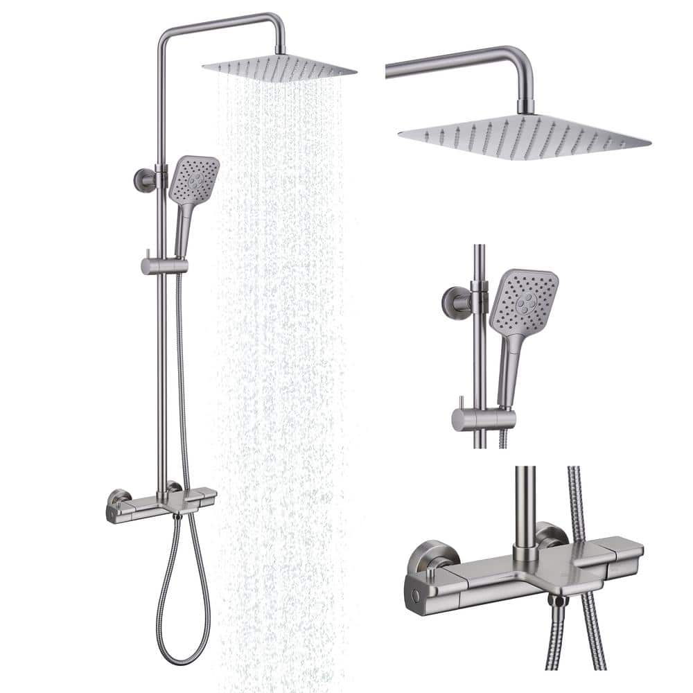 CASAINC 3-Spray Patterns 9.8 in. Tub Wall Mount Dual Shower Heads Thermostatic Shower Faucet in Brushed Nickel