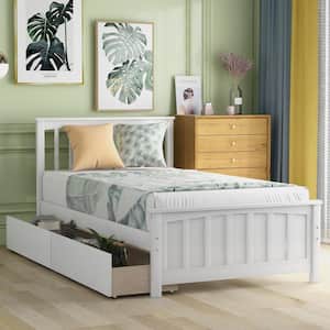 White Wood Frame Twin Size Platform Bed with 2 Storage Drawers