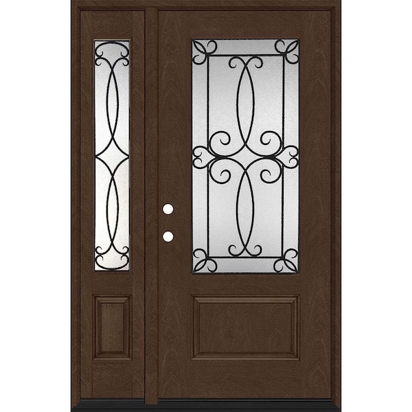Regency 53 in. x 80 in. 3/4-Lite Georgian Decorative Glass RHIS Hickory Mahogany Fiberglass Prehung Front Door 14 in. SL