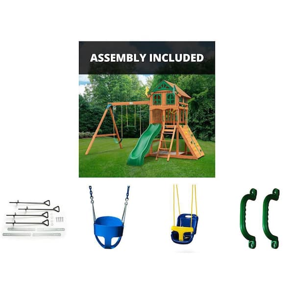 Kids Outdoor Playground Set Wood Roof, Slide, Sandbox, Rock Wall, Swing Set, Ground Anchors, Safety Handles (2-Set)