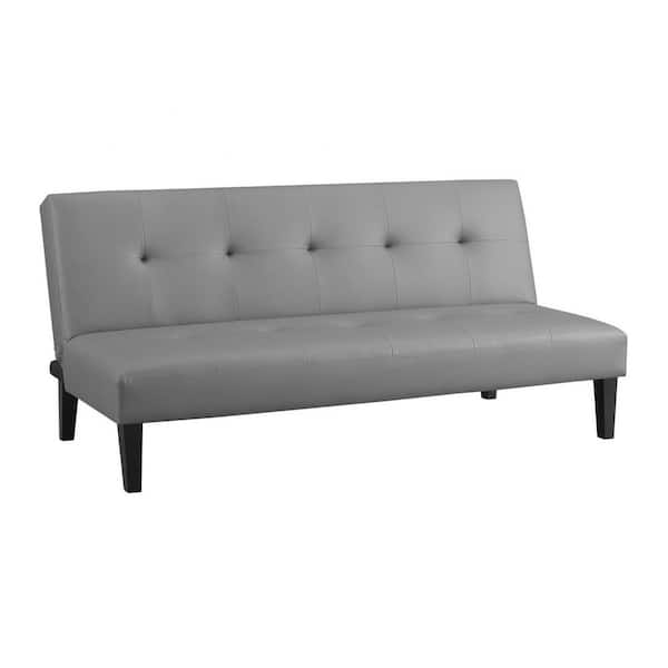 HOMESTOCK Gray Futon Sofa Bed, Faux Leather Futon Couch, Sofa Bed Couch Convertible with Wooden Legs, Button Tufted Futon Bed