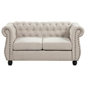 Chesterfield Couch 61 in. Beige Button Tufted Chenille Cushion Seats Loveseat with Rolled Arm for Living Room