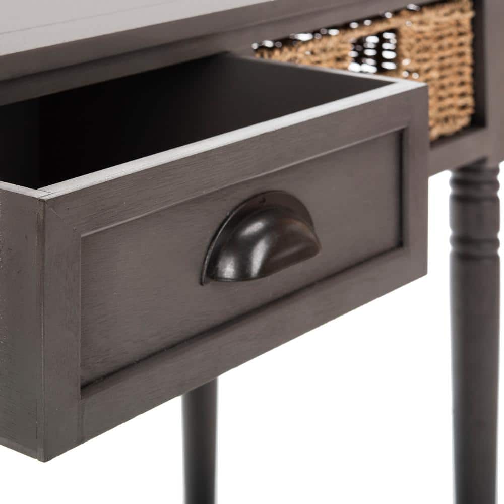 Gray Transitional Wood Console Table with Wicker Storage