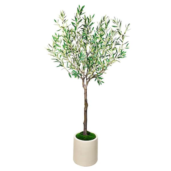 6.5 ft. Artificial Olive Tree in White Decor Pot, Faux Green Plant Indoor Home Decorative Planter