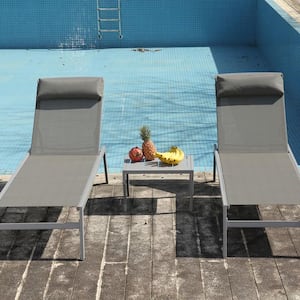 Gray Aluminum Outdoor Lounge Chair with Gray Headrest and Table