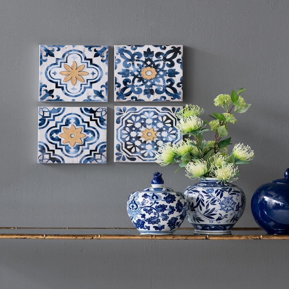 White and Indigo Frameless Wooden Wall Art Accents (Set of 4), Wall Decor f