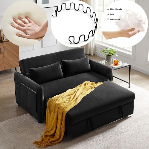 Seafuloy 55 In Width Black Velvet Twin Sofa Bed With Adjule Backrest And 2 Pillows
