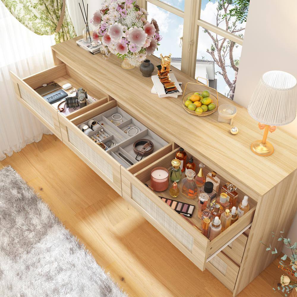 Rattan Wood Finish 9-Drawer 62.9 in. x 15.7 in. x 31.9 in. Dresser, Wooden Chest of Drawers for Bedroom, Living Room - thumbnail 8