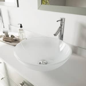 White Frost Glass Round Vessel Bathroom Sink with Dior Faucet and Pop-Up Drain in Chrome