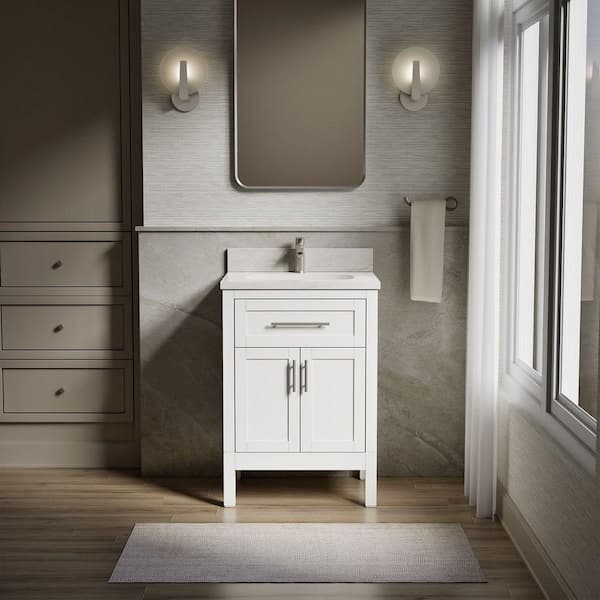 Hadron 24 in. Single Sink Freestanding White Bath Vanity with White Quartz Top Assembled