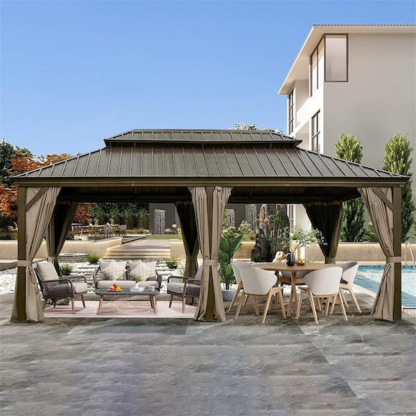 Clihome 12 ft. x 18 ft. Aluminum Frame Canopy with Galvanized Steel Double Roof, Curtains and Netting(Brown)