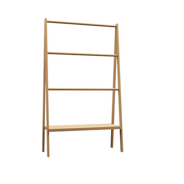 FUNKOL 30.16 in. W x 12.01 in. D x 51.69 in. H 4 Tier Freestanding Towel Bar Bamboo Ladder Towel Rack in Natural with Shelf