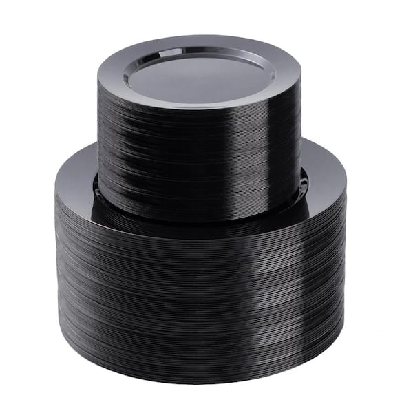 200-Piece Black Plastic Plate Set with 100 Dinner Plates 10.25 Inch and 100 Dessert Plates 7.5 Inch for Parties