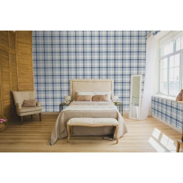 Spring Blossom Collection Check Plaid Navy/Grey Matte Finish Non-Pasted Non-Woven Paper Wallpaper Sample