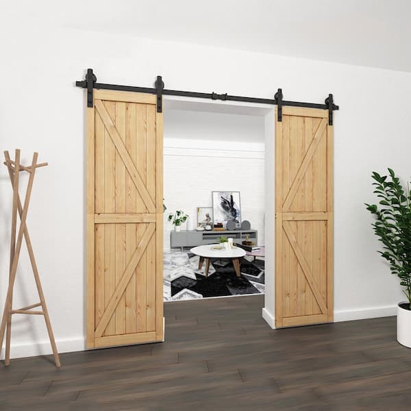 8 ft./96 in. Black Steel Straight Strap Sliding Barn Door Track and Hardware Kit for Double Doors with Floor Guide