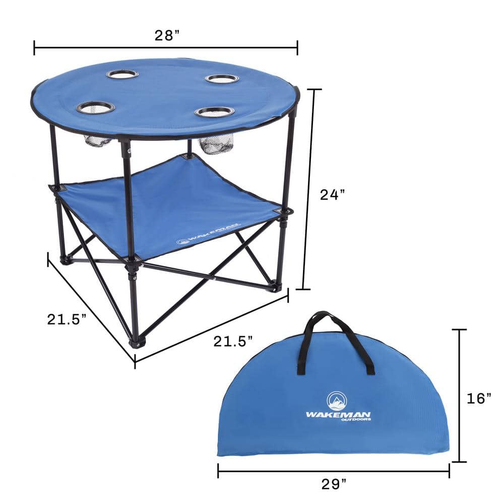 Blue 2-Tier Folding Camp Table with Cupholders and Carrying Bag